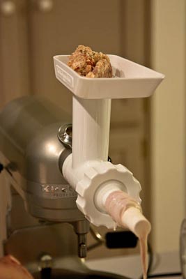 feeding sausage into kitchenaid mixer sausage attachment