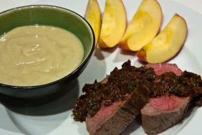 Cauliflower soup and roast beef tri-tip