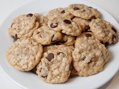 plate full of chocolate chip oatmeal cookies
