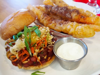 tina tartare burger with tempura sweet potatoes