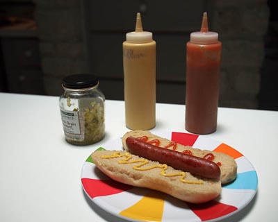 hot dog, relish, mustard, ketchup