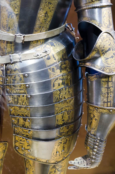 Intricate armor in the armory at Tower of London