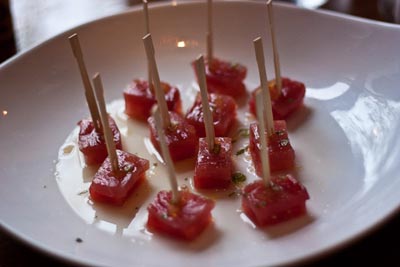 tuna and compressed watermelon skewers