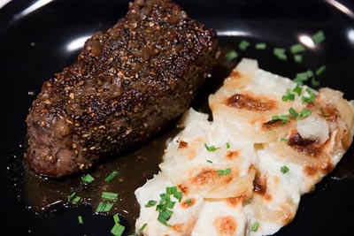 steak au poivre and gratin dauphinois